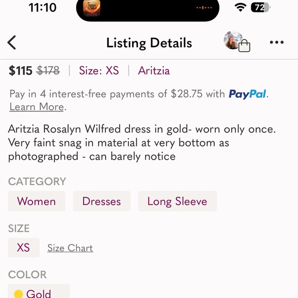 Aritzia Wilfred Rosalyn Long Sleeved Gold Dress - Picture 8 of 8